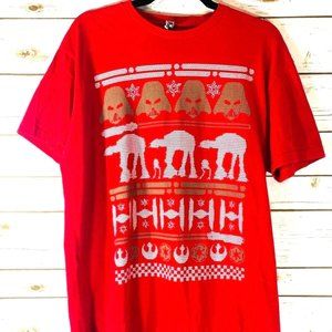 Star Wars Holiday Graphic T-Shirt Mens L Red Darth Vader Tie Fighter
